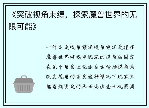 《突破视角束缚，探索魔兽世界的无限可能》